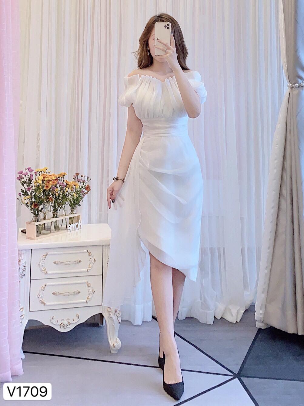 Váy đầm trắng dự tiệc thiết kế body trễ vai xẻ tà v2991  Shopvaydepvn