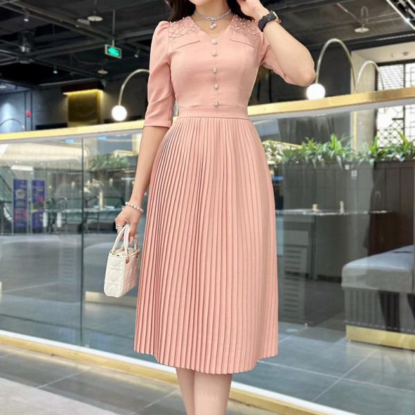 Đầm nữ thanh lịch, váy xếp ly cao cấp 2 màu hồng, đen cổ tròn, dáng basic  phù hợp đi làm, đi chơi. | Shopee Việt Nam